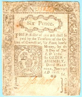 Orig.  Colonial Currency Note Six Pence Connecticut June 19th 1776
