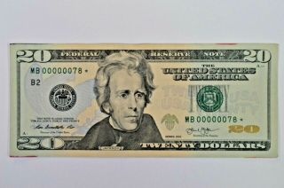 Vf,  2013 $20 Twenty Dollar Federal Reserve Star Note Low Serial - Mb00000078