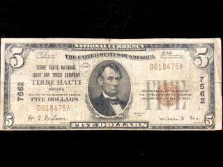 1929 $5 National Bank Note Terre Haute Indiana Ch.  7562
