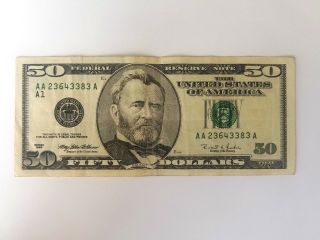 1996 $50 Fifty Dollar Bill,  Federal Reserve Note,  Serial Aa23643383 A1