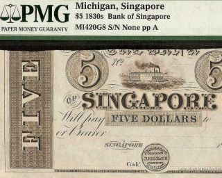 Unc 1830s $5 Dollar Singapore Michigan Bank Note Currency Paper Money Pmg 61