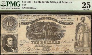 1861 $10 Dollar Bill Confederate States Currency Civil War Note Money T - 30 Pmg