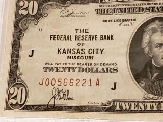 1929 $20 Federal Reserve Bank Note Kansas City Brown Seal,  Low Sn,  Looks Unc