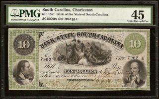 1861 $10 DOLLAR SOUTH CAROLINA BANK NOTE LARGE CURRENCY OLD PAPER MONEY PMG 45 3
