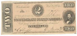 Confederate States Of America $2.  00 Bank Note,  T - 70,  Cr567,  Pt F Sn90727 Fine,
