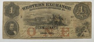 1855 $1 Western Exchange Omaha City Nebraska Obsolete Currency Banknote (004)