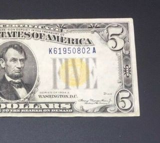 $5 Silver Certificate North Africa 1934 - A Yellow Seal Note Wwii