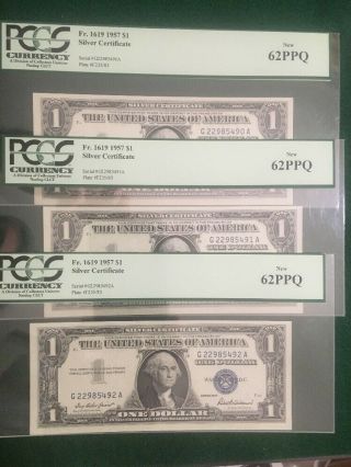 3 Consecutive 1957 Fr 1619 $1 Dollar Silver Certificate Pcgs 62