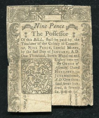 Ct - 206 June 19,  1776 9p Nine Pence Connecticut Colonial Currency Note