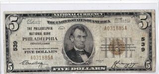 $5 1929 T1 Philadelphia National Pennsylvania Pa " Problem " Circulated Note