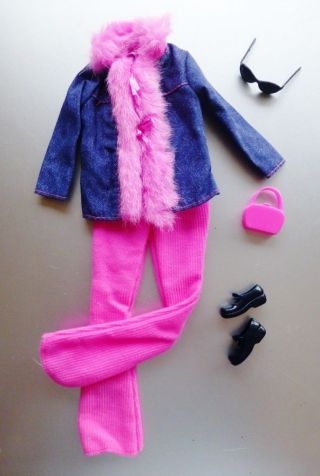 Barbie Fashion Avenue Metro Outfit Jean Jacket Fur Hot Pink Complete 2002