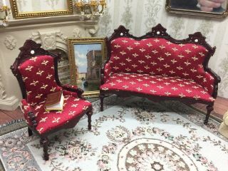 1/12 Scale Dollhouse Miniature Red Upholstered Eastlake Chair & Settee