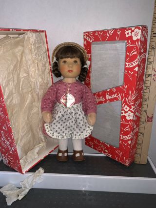 Kathe Kruse Doll 10 1/2 " Tall In Pink And White Apron Dress With Straw Hat