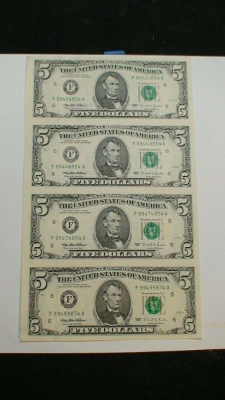 Uncut Sheet Of Four 1995 Federal Reserve Notes Gem Cu $5 Bills Buy It Now