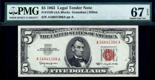 Gem 1963 $5 Red Seal Legal Tender Note • Pmg 67 Epq • Fr.  1536