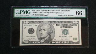 1999 Cleveland $10 Dollar Pmg Gem Unc 66 Epq Fed Reserve Radar Note $10 Bill
