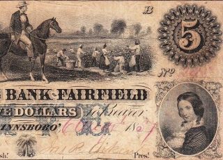 Winnsboro,  Sc South Carolina $5 1857 Planters Bank Of Fairfield Obsolete Note