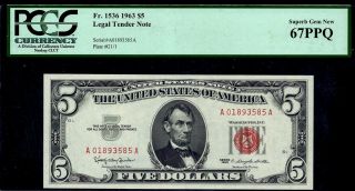 Gem 1963 $5 Red Seal Legal Tender Note • Pcgs 67 Ppq Fr.  1536