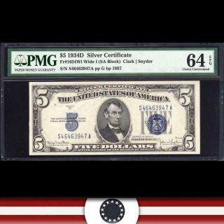 Gem 1934 - D $5 Silver Certificate Wide I Pmg 64 Epq Fr 1654wi S46463947a