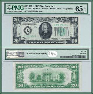 1934 Dark Green $20 San Francisco Federal Reserve Note Pmg 65 Epq Gem Unc Frn