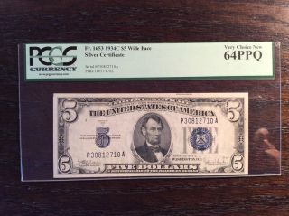 1934c $5 Silver Certificate Fr.  1653 Wide Face,  Pcgs 65ppq,  Consecutive Notes