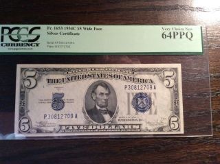 1934C $5 Silver Certificate Fr.  1653 Wide Face,  PCGS 65PPQ,  Consecutive Notes 3