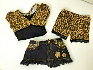 Build A Bear 3 Pc Set Black Leopard Jean Skirt Flowers Gold Retired Outfit