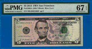 2013 $5 Frn ( (grade Rarity))  Pmg - Gem 67epq San Francisco Ml58661502c.