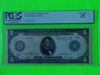 Fr 883a 1914 $5 Federal Reserve Note Frbn Kansas City,  Mo Pcgs Very Fine 25