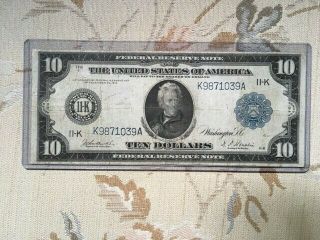 1914 $10 Federal Reserve Note Frn Blue Seal F/vf