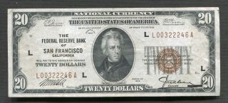 Fr.  1870 - L 1929 $20 Frbn Federal Reserve Bank Note San Francisco,  Ca Vf,  (b)