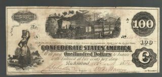 $100 1862 Confederate Currency One Hundred Dollars Money Note Csa Bill