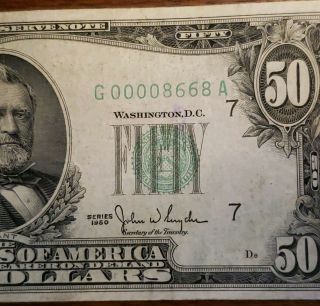 1950 $50 Fifty Dollar Federal Reserve Note Series 1950 Low Serial 00008668a