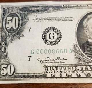 1950 $50 Fifty Dollar Federal Reserve Note Series 1950 Low Serial 00008668A 2