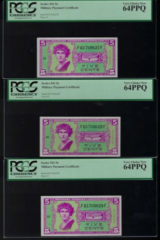 3 Ea Consec 5 Cent Military Payment Certificate Serirs 541 Pcgs 64ppq Unc