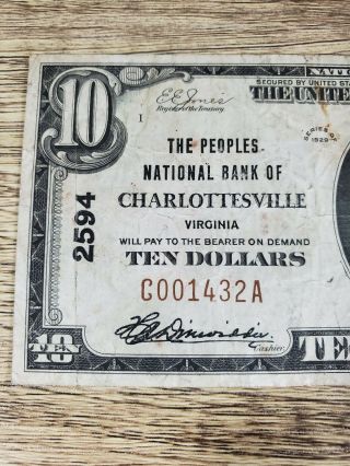 The Peoples National Bank Of Charlottesville Virginia $10 1929 T1 Charter 2594