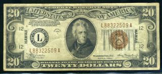 1934 A $20 Federal Reserve Hawaii Ww Ii Note Twenty Dollar Bill