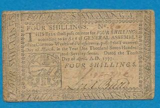 Pa.  217 Four Shillings Colonial Currency April,  10th 1777 Average Circulated