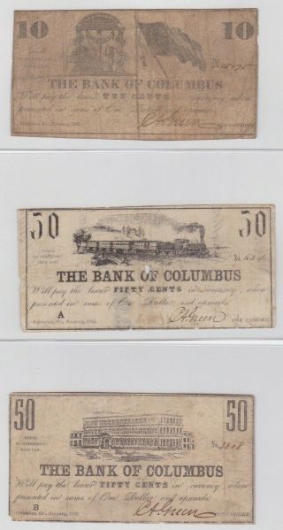 3 Confederate Scrip Notes Bank Of Columbus Georgia