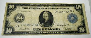 U.  S.  $10.  00 Bill Andrew Jackson 1914 Series Blue Seal