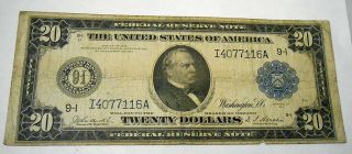 U.  S.  $20.  00 Bill 1914 Grover Cleveland Blue Seal Large Note