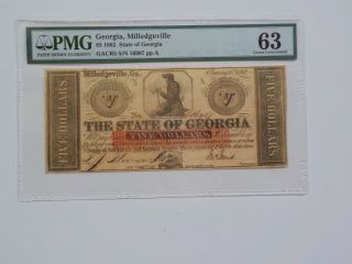 Civil War Confederate 1862 5 Dollar Bill Pmg Uncirculated Milledgeville Georgia