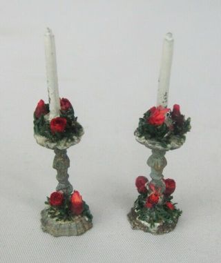 Dollhouse Miniature Hand Crafted Painted Metal Christmas 1 7/8 " Candlesticks