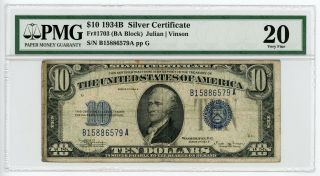 1934 - B Fr.  1703 $10 United States Silver Certificate Note - Pmg Very Fine 20