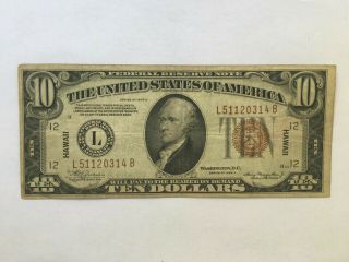 1934 A Us $10 Ten Dollar Federal Reserve Note Red Seal Wwii Hawaii