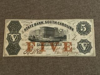 1860 State Bank Of South Carolina Confederate Currency Five 5 Dollar Banknote