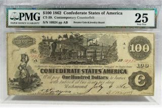 1862 $100 Confederate Civil War Pmg Ct - 39 Certified Counterfeit Bank Note Pc - 356