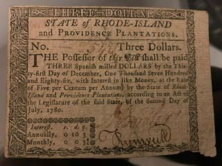 1780 Rhode Island $3 Three Dollars Federally Guaranteed Issue