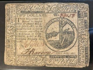 February 17,  1776 Continental Currency $2 Two Dollars 