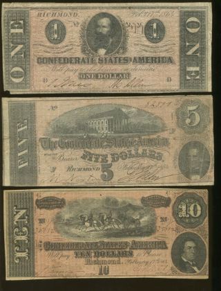 1864 Confederate States $1 $5 $10 Currency Bill Civil War Note Paper Money